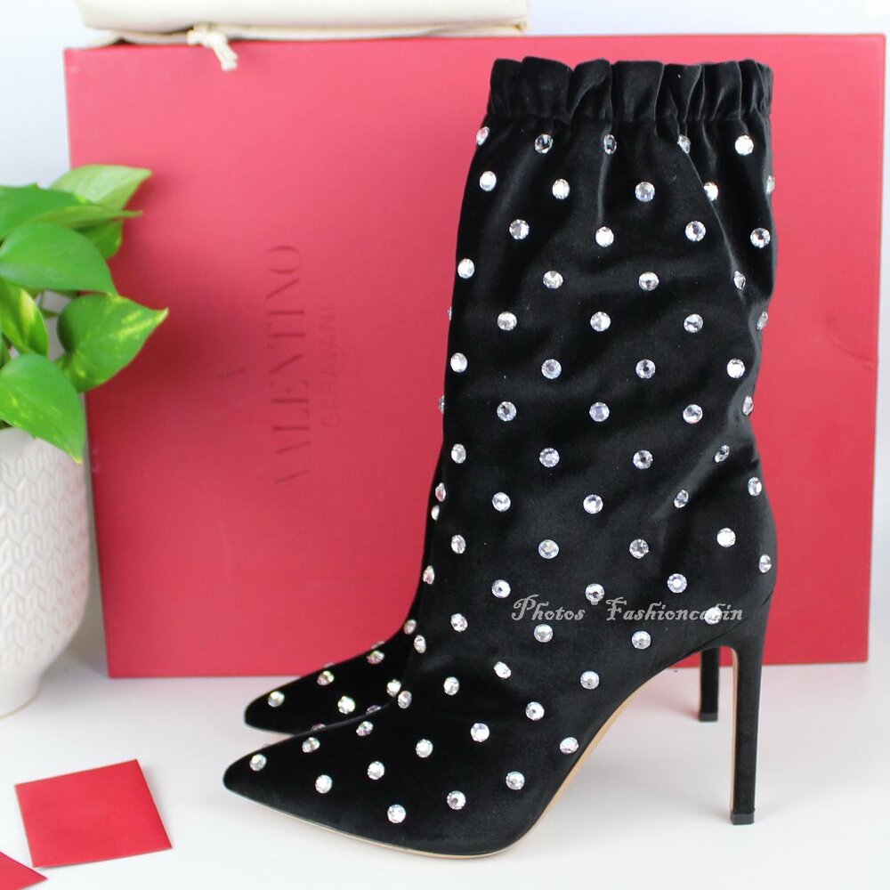 NEW Valentino Garavani Jeweled Crystal Velvet Ankle Boots, Black, EU 37.5